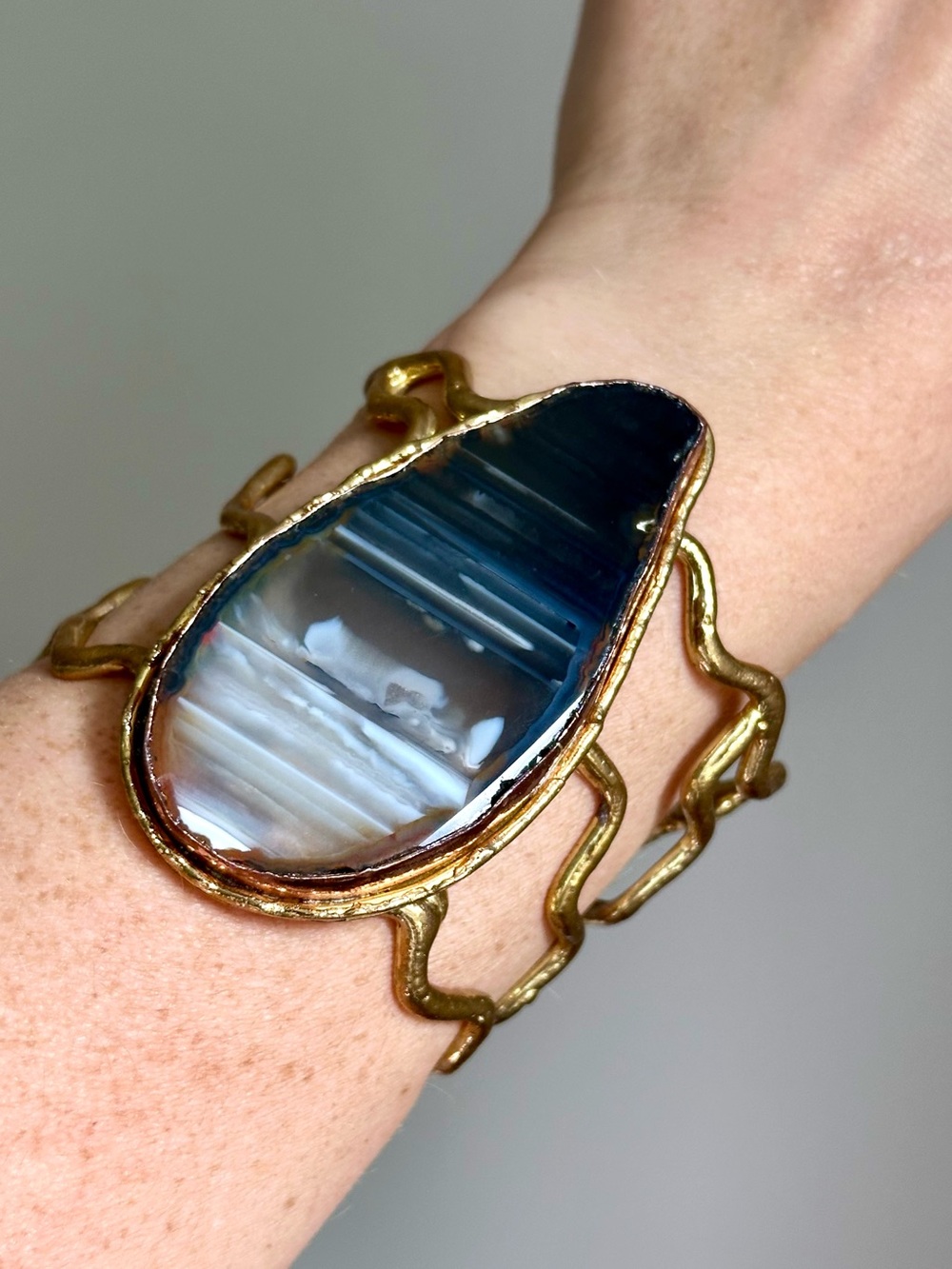 Huge Agate Slice Cuff Bracelet - Statement Gold Tone Metal Waves Teardrop